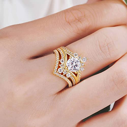 Sheloves Halo Cubic Zirconia Wedding Ring Sets For Women Yellow Gold Plated Silver Curved Wedding Band Sz 6 #TOP4