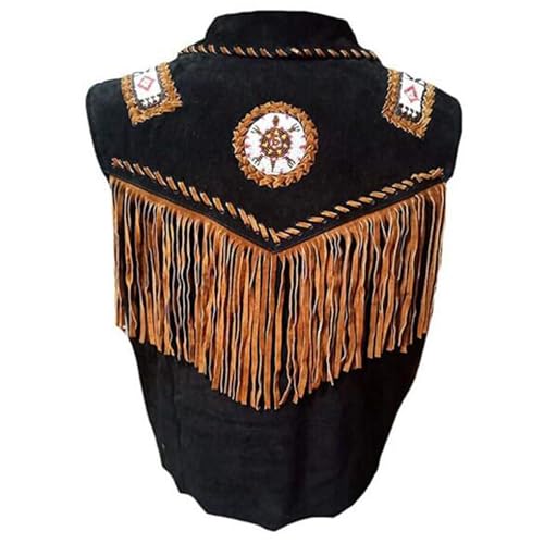 Men's Cowboy Western Vest | Black Native American Handmade Style Suede Leather Vest | Fringes, Beads & Bones2