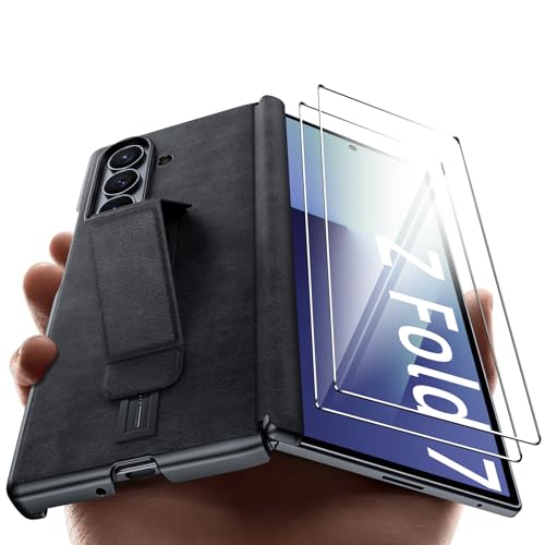 Coque Samsung Galaxy Z Fold 7 Vizvera en cuir noir rétro avec protège-écran