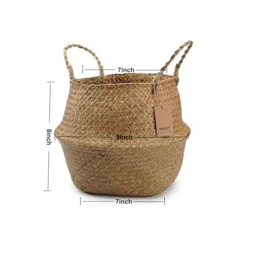 DOKOT Seagrass Plant Basket with Handles, Woven Storage Basket, 7inch Diameter x 8inch Height