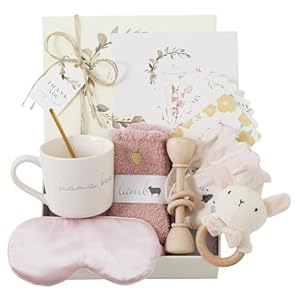 WOODEN TEETHER 9-Teiliges Baby Geschenk Mädchen Jungen, Personalisierte set für Mütter mit Mama-Karte, Augenmaske, Trinkbecher, Grußkarte, Socken, Baby-Rassel, Windeltorte Geschenkbox(Kaninchen, groß)