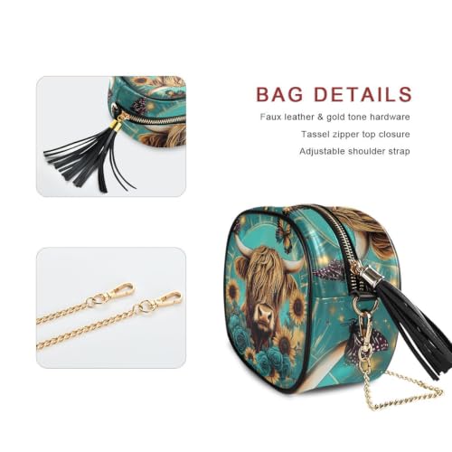Image of ALAZA Women's Highland Cow Butterfly Rose PU Leather Crossbody Bag Shoulder Purse with Tassel