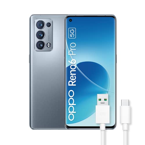 OPPO Reno 6 Pro 5G - ロック解除済み携帯電話、12GB+256GB、50+16+13+2 MP カメラ、Android スマートフォン、4500mAh バッテリー、65W 急速充電、デュアル SIM、予備 USB ケーブル - グレー