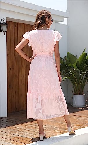 Image of VintageClothing Womens Sundress Casual Floral Summer Boho Dress | Flowy Wrap V Neck Ruffle A-Line Pleated Hem Midi Dresses