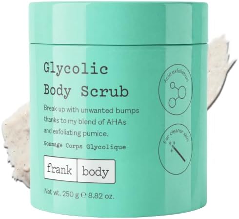 frank body Glycolic Acid Body Scrub | Fights KP & Breakouts, Spots & Tighten Pores | Reduces Acne with Niacinamide & Soothes with Witch Hazel | Glycolic Acid & Pumice | 8.82 oz | Pack of 1