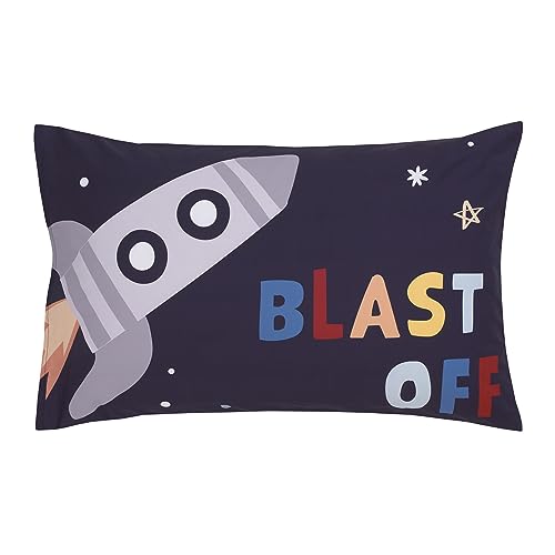 Image of NoJo Everything Kids Solar System Navy, Orange, and Yellow Blast Off 4 Piece Toddler Bed Set - Comforter, Fitted Bottom Sheet, Flat Top Sheet, and Reversible Pillowcase