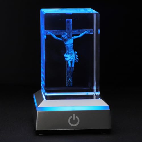 KOMI 3D Crystal Jesus Figurine Statue with LED Light Base, Laser Engraved Jesus Crucifix Statues Religious Gifts for Women Men, Night Light for Bedroom, Christian Catholic Home Decor