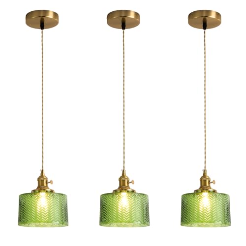 Image of Green Glass Pendant Lights Kitchen Island Lighting | Modern Gold Ribbed Pendant Lighting Adjustable Farmhouse Chandelier Haning Light for Dining Room Bedroom Hallway Entryway