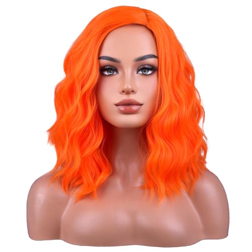Image of BERON Orange Wigs for Womens Short Curly Wavy Wig Girls Bright Orange Colorful Side Part Wigs Shoulder Length Heat Resistant Synthetic Cosplay Party or Daily Use Wig