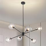 yiheazton Sputnik Chandeliers with Globe Glass Shade, 6-Lights Mid Century Morden Chandelier Lights Fixture for Living Dining Room, E12 Base (Black, Clear Glass)
