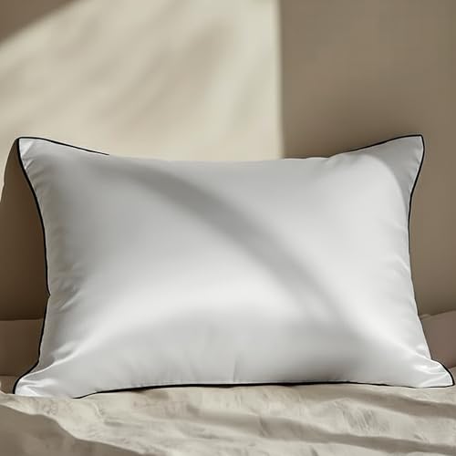 Mellanni Pure Silk Pillowcase Standard Size - Perfect for Hair and Skin, Preventing Wrinkles - Easy Care - Naturally Cooling Silk Pillow Cover with Hidden Zipper (Standard, White, Black Piping)