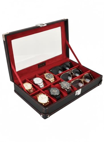 Image of BOXXO 12 Slot Watch Organizer Box for Men & Women - Premium PU Leather Watch Case (9-slots Black /Red)