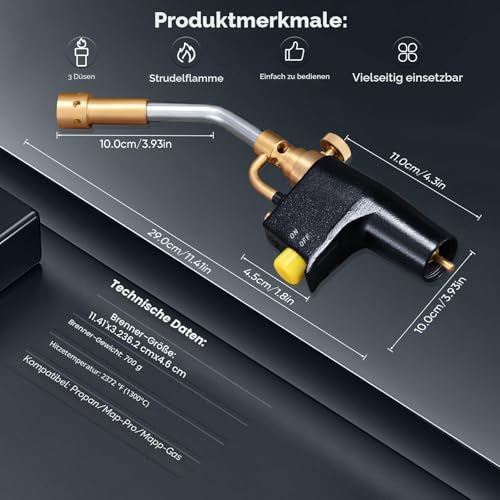 Yontwe Hochintensität Propan Torch Kit GJ-8000 Abzugsstart-Mapp-Gasbrenner mit Selbstzündung und Messingknopf-Schweißbrenner mit 3 Düsen für MAPP CGA600-Gewindeanschluss