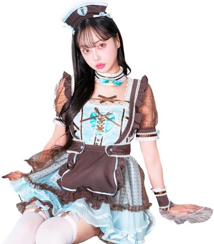 [Malymoon] コスプレ メイド ホワイトデー ウエイトレス スイーツ ブルー ドット ワンピース 衣装 仮装 マリームーン 6点セット 9922-2 詳細画像1