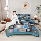 Picture of Grid Square King Size Comforter Set,Kids Blue White and Gray Decor All Season Bedding Set,Teens Abstract Geometric Comforter,Girls Modern Simple Decor Quilt Set Bedroom Collection 3Pcs