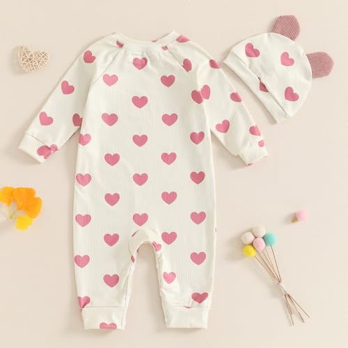 MBMSHEGH Newborn Baby Girls Jumpsuit with 3D Bow Ear Hat Set Heart Print Long Sleeve Romper 2Pcs Fall Outfit Clothes Set4