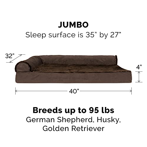 Image of FurHaven Orthopedic Dog Bed & goDog Toy - Squeaky Plush Dino with Chew Guard for Large Dogs - Plush & Velvet L Shaped Chaise - Sable Brown, Jumbo /XL