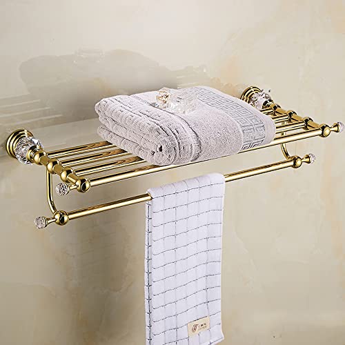 LANMOU Mensola da Portasciugamani in Acciaio Inox, Porta Salviette Bagno da Parete Lucidato d'oro con Cristallo Ganci 63 cm Portasalviette Bagno da Muro Europeo retrò