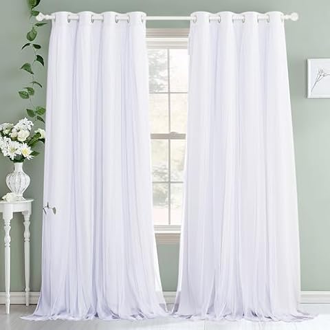 PONY DANCE Living Room Curtains 84 Inch Length - Sheer Overlay Blackout Curtains, 52 inches Wide, Window Treatment Panels, Cortinas De Sala Elegantes (Winter White, Set of 2, with Extra Tie-Backs) Cover