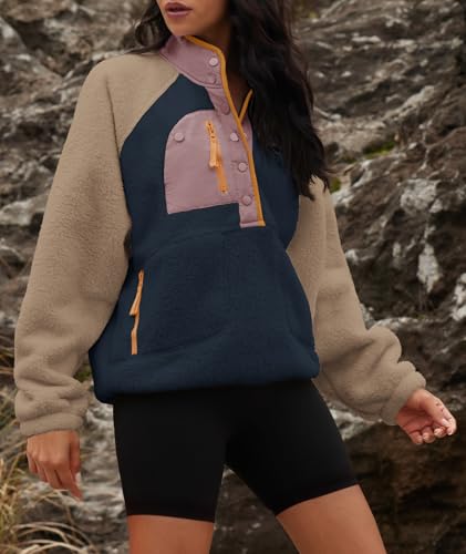 Yanekop Womens Fuzzy Fleece Pullover Sherpa Sweatshirt Long Sleeve Button Down Sweater Winter Fleece Jacket with Pockets4