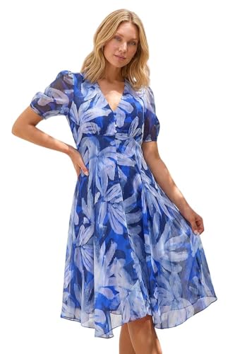 Image of Roman Originals Swing Tea Dress Women UK Ladies Skater Midi A Line Fit & Flare Summer Casual Smart Cocktail Party Going Out Work Cruise Button Through Long Pocket - Blue Abstract - Size 12