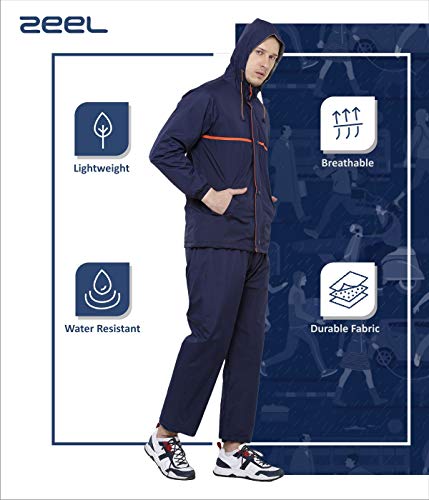 Image of ZEEL Rain Coat for Men Waterproof for Bike Riders with Adjustable Hood Along with Inner Pockets,Waterproof Raincoat with Polyester Jacket,Pants and Carrying Pouch,AZ03 Navy-Orange XXL
