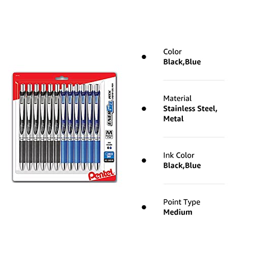 Pentel Energel 0.7 Mm Rtx Retractable Liquid Gel Pen, Bulk Combo Pack Of 6 Black Ink & 6 Blue Ink Metal (Total Of 12 Deluxe Pens In Box) Medium Line, Metal Tip Pens #TOP7
