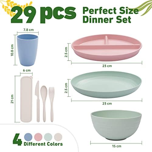 Premium Plates and Bowls Set with String Bag, Unbreakable Plastic Dinner Sets for 4 100% Eco-Friendly Reusable, Newlest Portion Control Plates, Cups, Bowls & Cutlery Set,Perfect for Adults Kids Pets
