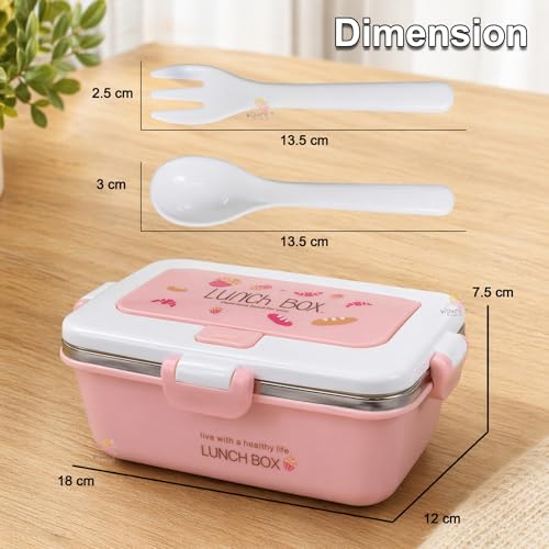 Image of WISHKEY Plastic BPA Free Stainless Steel Medium Size Lunch Box with Separate Container, a Spoon & a Fork, Soft Color Tiffin Box & Cutlery Accessories for Kids & Adults, 500 ml, Pink, 6+Years(Set of 1)