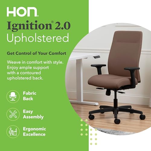 Image of HON Ignition 2.0 Ergonomic Office Chair with Adjustable Arms, Standard Synchro‑Tilt Recline, Upholstered Desk and Computer Chair for Home Office or Workstation, Black Frame, Bark