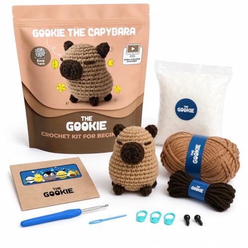 THE GOOKIE Capybara Crochet Kit for Beginners - All-in-One Amigurumi Kit | For Adults & Teens, Step- by-Step Tutorial, Yarn, Hook, Safety Eyes, Stuffing, Yarn Needle, Illustrated Guide, QR Video