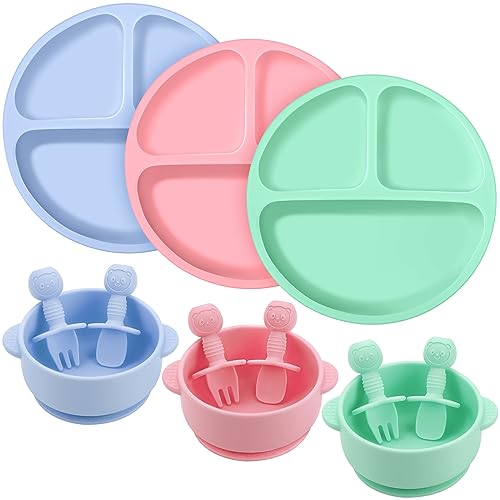 Image of Pimoys Baby Dishware Set, 12 Pack Silicone Baby Suction Plates Bowls Utensils, Microwave & Dishwasher Safe, BPA Free, Bright Green, Blue, Pink