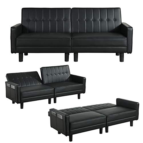 Vuyuyu Futon Sofa Couch Bed, Faux Leather Loveseat Couches For Living Room, Mid-Century Modern Tufted Convertible Love Seats Recliner Sleeper Sofa For Small Space With Armrest/Side Pockets #TOP1