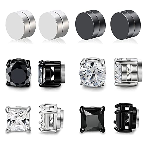 Thokono 6 Paare Edelstahl Magnet Ohrringe für Herren Damen Männer Fake Ohrringe Clip Magnet Ohrstecker Ohrclip Tunnel Non-Piercing Zirkonia CZ Ohrringe Set Ohne Ohrloch Silber Schwarz 6mm Cover