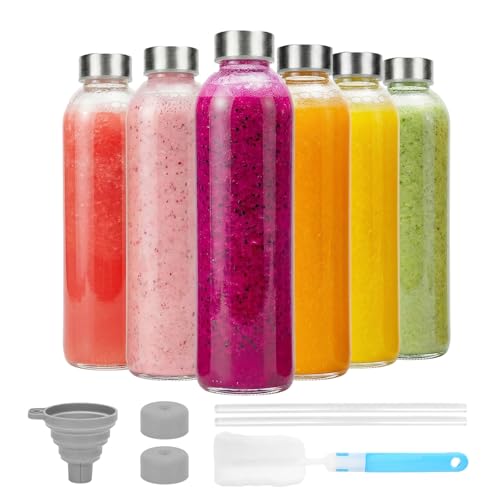 Image of Luxfuel 24 oz Glass Water Bottles with Lids, 6 Pack Reusable Juice Bottle with Stainless Steel Cap & Straw, 100% Leak Proof, BPA Free, Clear Glass Bottles for Juicing, Milk, Smoothies, Fridge Storage