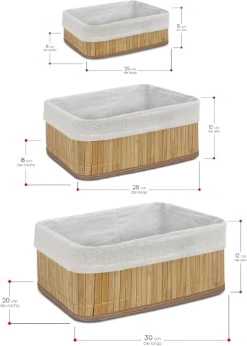 Casa Shop Juego de 3 Cestas Organizadoras de Bambú con Forro de Tela, Natural, cestas organizadoras para armarios y estanterias, baño - imagen 5