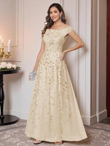 Sequin Mother of The Bride Dresses for Women Off The Shoulder Long Lace Tulle Formal Evening Dresses4