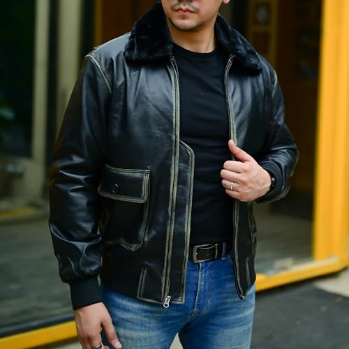 Image of Jild Navy G-1 Real Leather Bomber Jacket Men with Removable Fur Collar - Vintage Flight Aviator Leather Jacket Men