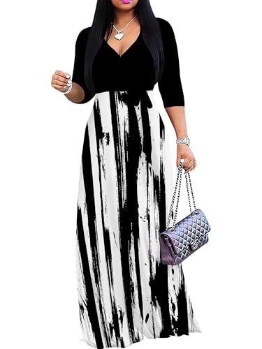 Image of SUZONANA Plus Size Dresses for Women Print Maxi Dresses Flowy 3 /4 Sleeve with Belt