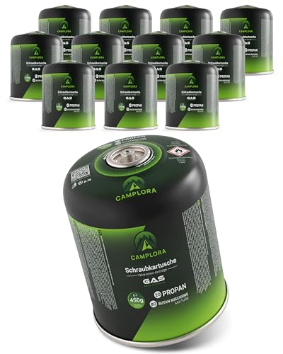 CAMPLORA Lot de 12 cartouches de gaz de 450 g compatibles avec barbecue à gaz Weber série Q100/1000, propane et butane, cartouche à visser avec filetage pour réchaud de camping, cartouches de gaz