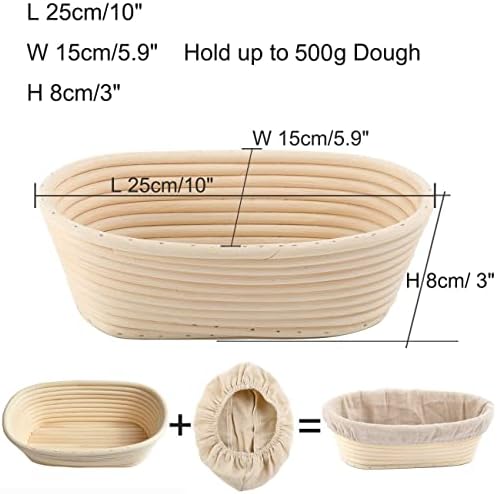 Set 2 Bread Proving Basket 22cm/8.6 inch Round + 25cm/10 inch Oval Sourdough Bread Proving Banneton Basket Bortfom Baking Tool Bowl with Linen Cloth Liner