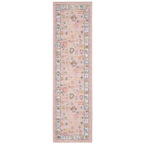 Oriental Weavers Row Addison ADD01 - Machine Washable - Flat Weave - Printed Area Rug - 2 x 7 - in Pink-Blue - Traditional Style, Nursery, Kids Room, Hallway, Entryway