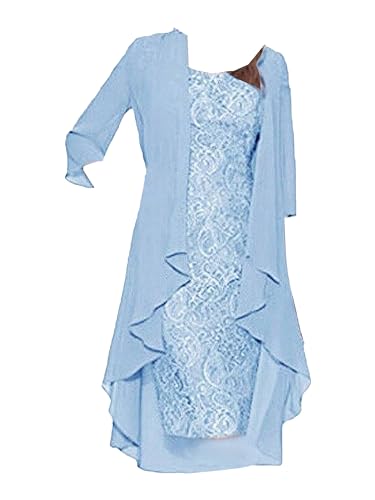IEFIEL Conjunto Elegante de Dos Piezas de Fiesta para Mujer Vestido de Tirante con Encaje Flor y Cárdigan de Gasa Vestidos Casuales de Color Sólido Vestido de Noche S-5XL Cielo Azul XL