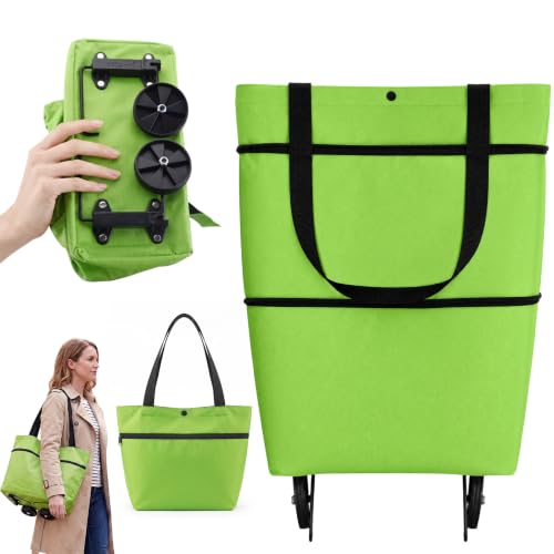 Image of 2-in-1 Foldable Shopping Cart, Folding Shopping Bag with Wheels, (Green)