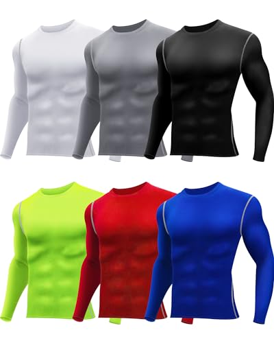Hicarer 6 Pack Men's Athletic Compression Shirts Long Sleeve Workout Running Undershirt Thermal Sport Base Layer Top