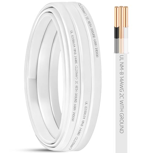 15ft NM-B 14/2 Wire with Ground 14/2 Electrical Wire 14 Gauge Non-Metallic Sheathed NMB Cable 14-2 NM-B Copper 14 AWG 2 Conductors with Ground Residential Solid Indoor Copper Wiring for Outlet Switch
