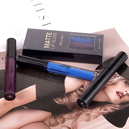 Newbang 3Pcs Dark Black Blue Purple Lipstick And Lipliner,Matte Liquid Lipstick Set,Black Lip Stain Lip Gloss And Lip Liner Waterproof Longlasting Lip Halloween Christmas Makeup #TOP6