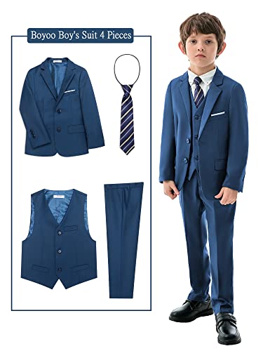 Boyoo Boy's 4 Pieces Formal Suit Set Slim Fit Blazers Outfit With Jacket, Vest, Dress Pants And Tie For Kids Size 5-14 Years Blue #TOP1