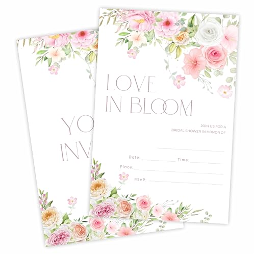 YKYENR Floral Bridal Shower Invitations - Love In Bloom - 4 x 6 Inches Invites (25 Cards & Envelopes) For Wedding Showers, Newlyweds Parties And Receptions - A01