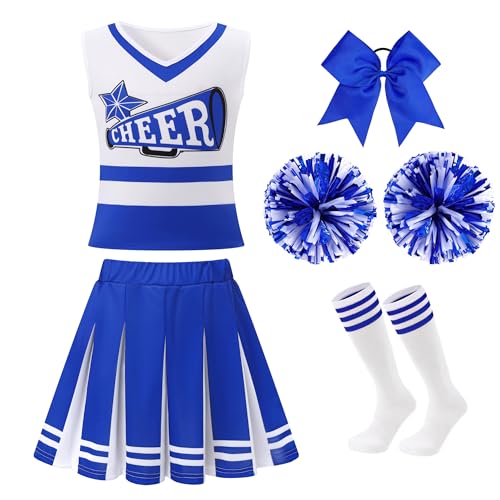 WooHand Girls Cheerleader Costume, Blue, 7-8 Years, Pom Poms